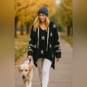 POL Women's Black and White Star Oversized Hooded Sweater